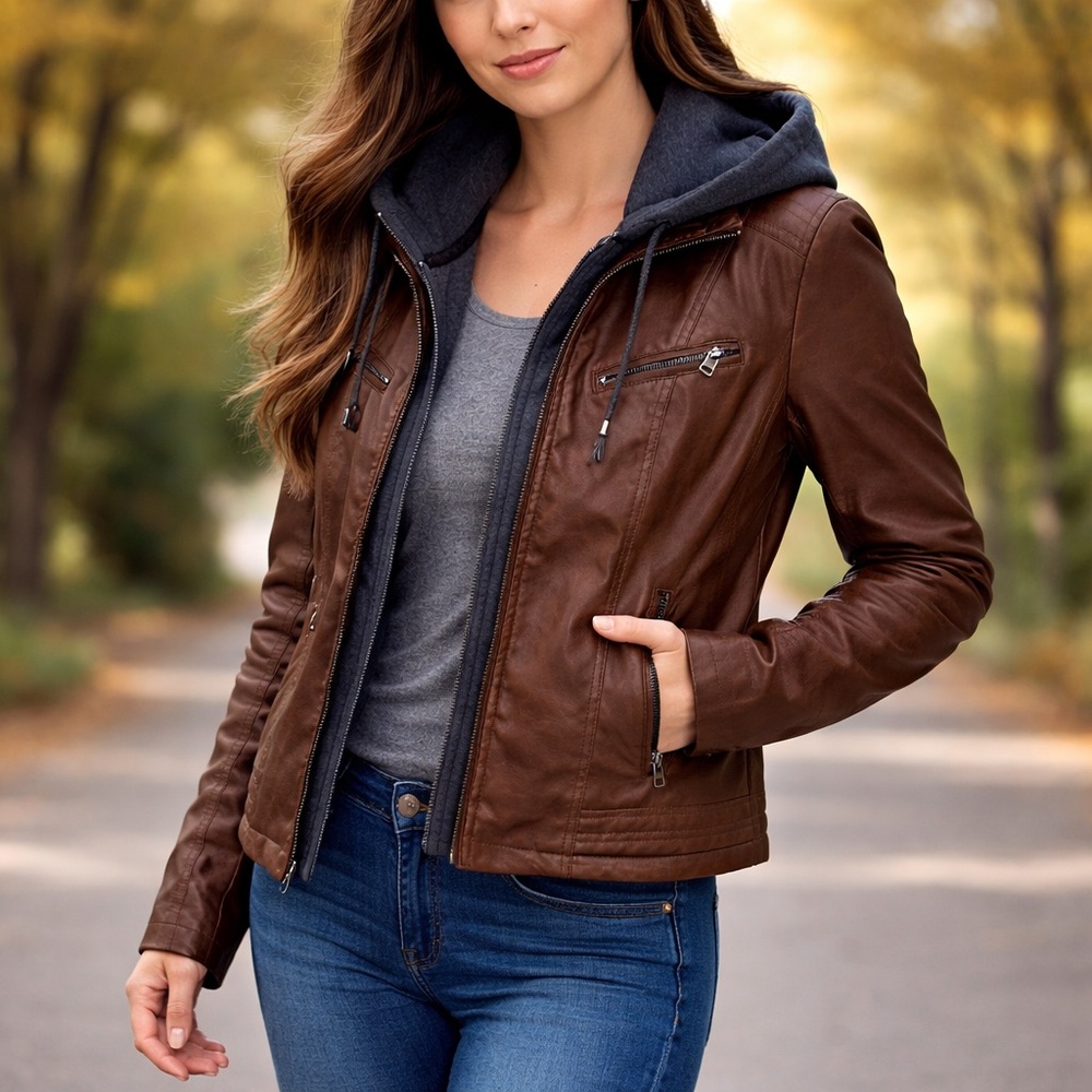 Maralyn & Me Faux Leather Jacket w/ Zip-Up Hoodie – Size L